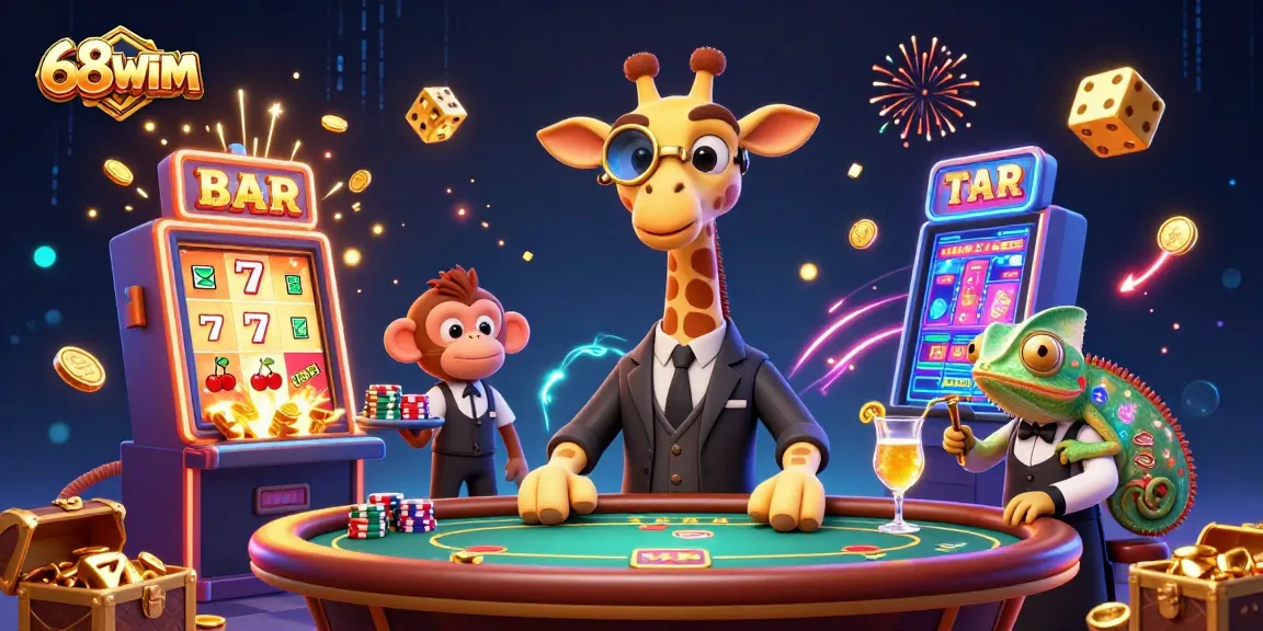 Experience the thrill of 68WIM with vibrant casino action featuring a high-roller giraffe and dynamic game elements.