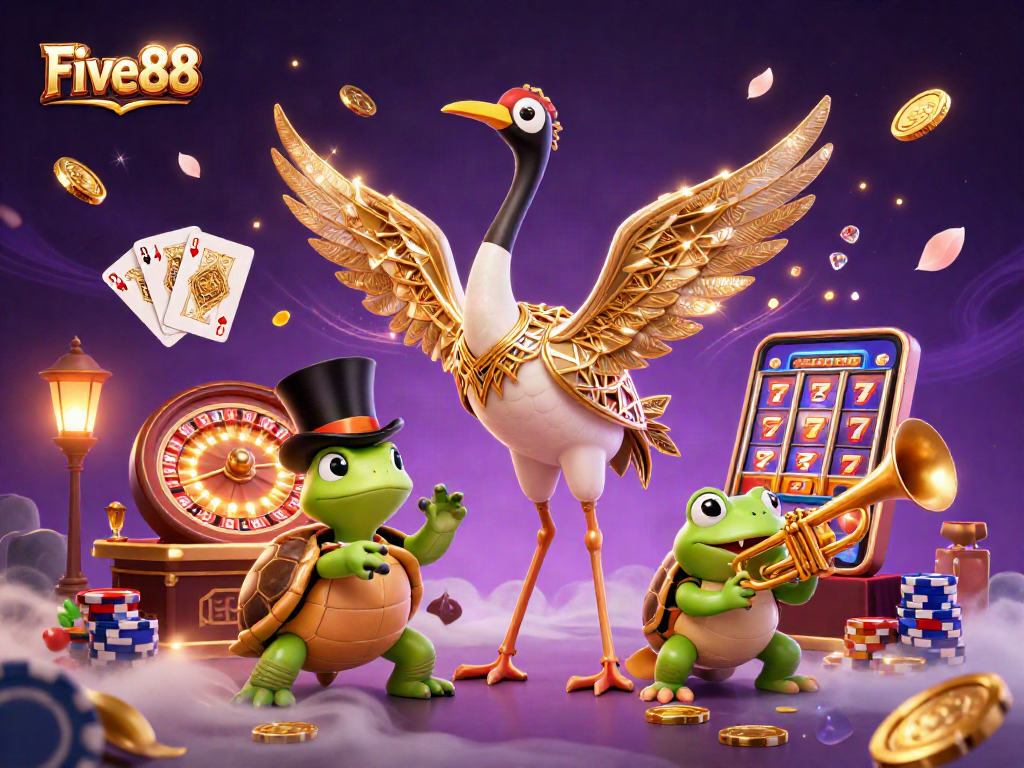 Experience the excitement at Five88 with vibrant casino characters amidst cascading coins and gems.