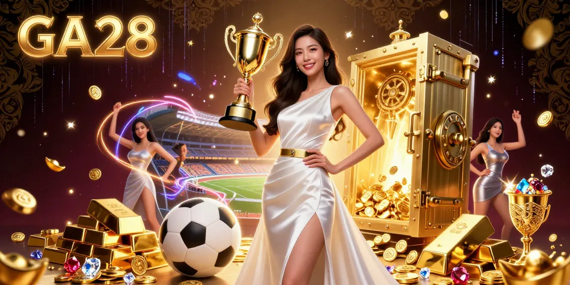 Bet on GA28 with a triumphant Asian woman amidst sports trophies and golden treasure, celebrating victory.