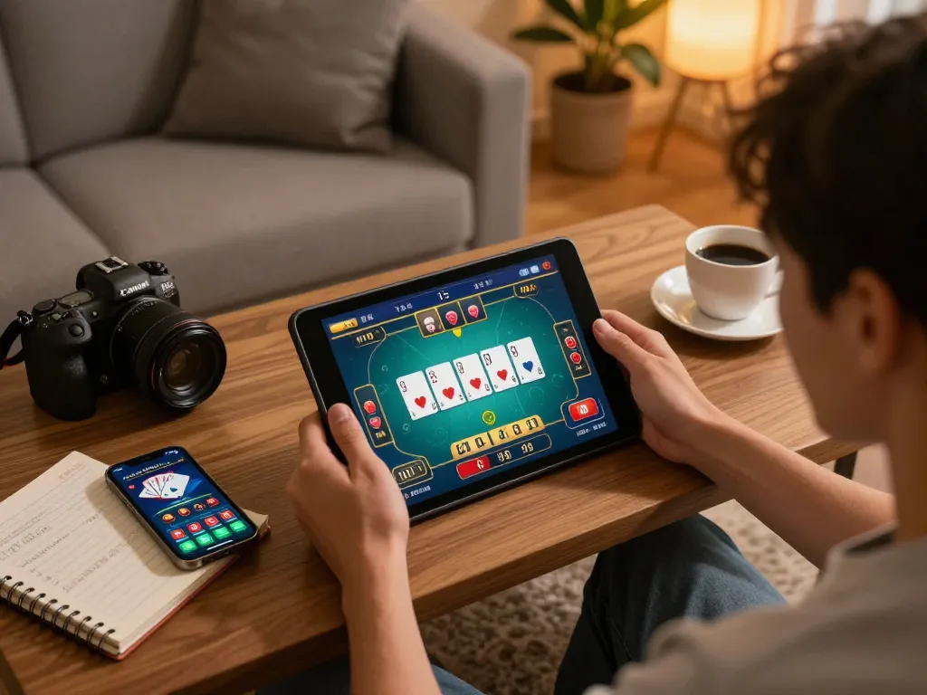 Engaged player using a 23win tablet for online casino gaming, showcasing excitement and strategy in a cozy home.