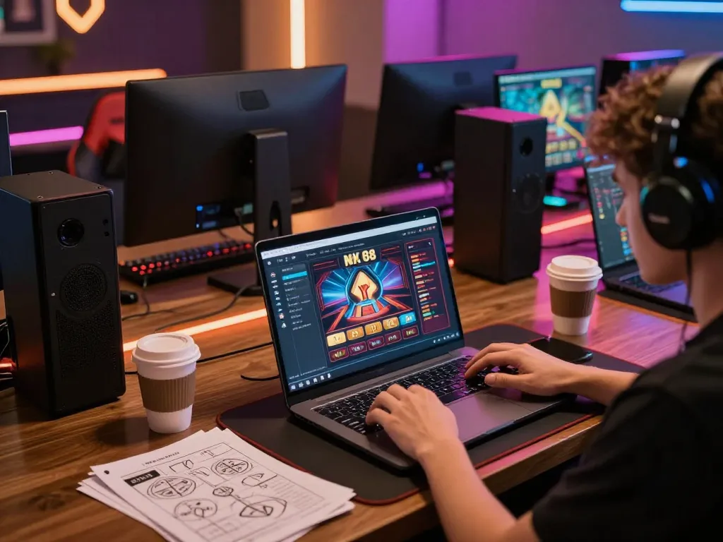 Player engaged in online casino gaming with NK 88 interface visible on laptop, creating a dynamic scene