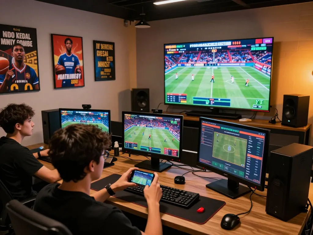 Engaging in live sports betting at Ko66 with a smartphone and vibrant sports background.