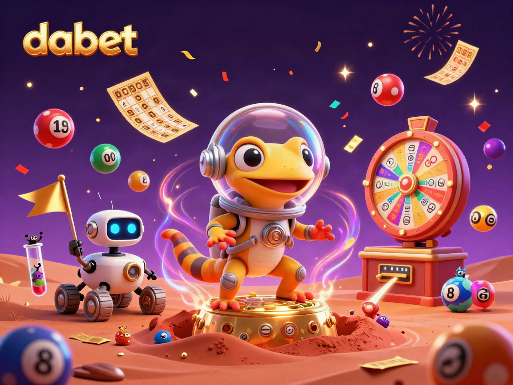 Dabet showcases an exciting 3D casino adventure with a Martian gecko, vibrant elements, and a robot.
