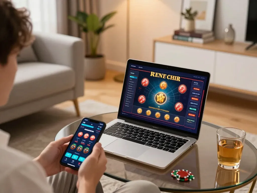 Engaging in đăng ký SC88 online gaming, player focused on casino app on laptop in cozy setting.