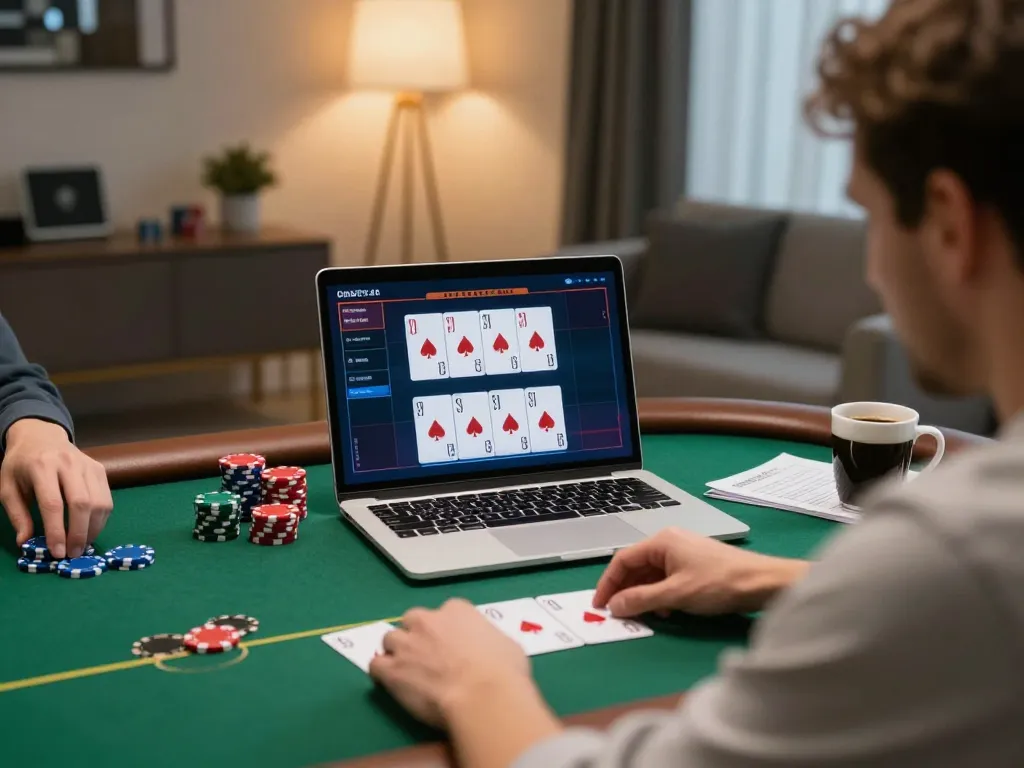 Dacsandatphanrang player focusing on poker game on laptop in stylish home office environment