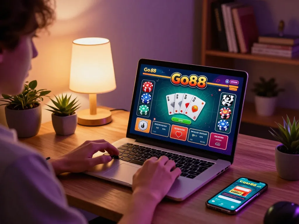 Engaged player using Go88 on a laptop during an online gaming session with ambient lighting.