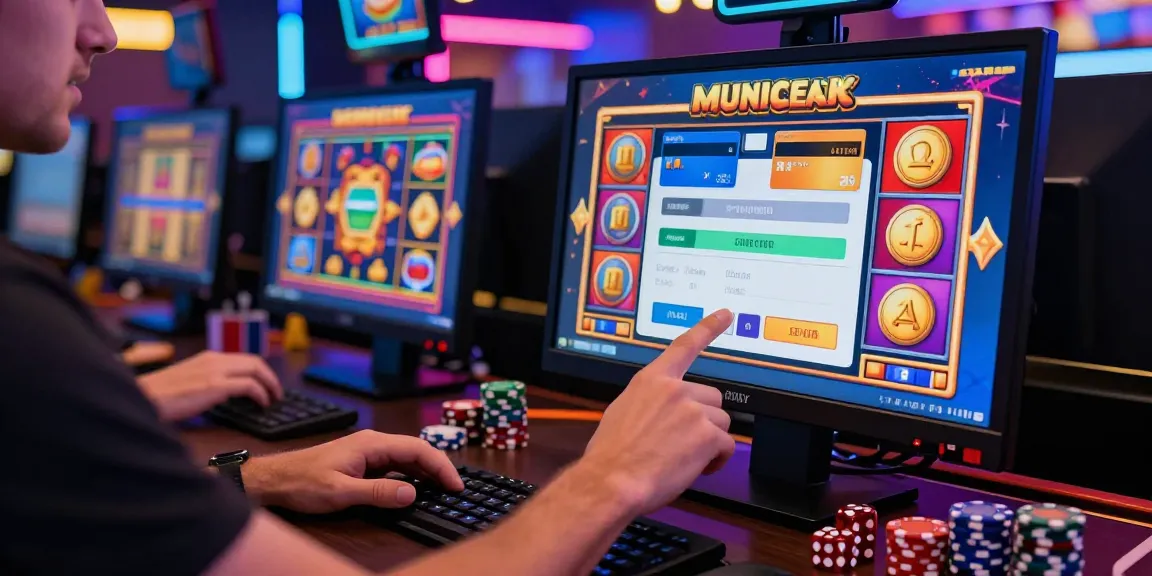 Exciting scene of a player using credit card casinos online, showcasing vibrant gaming screens and gaming elements.