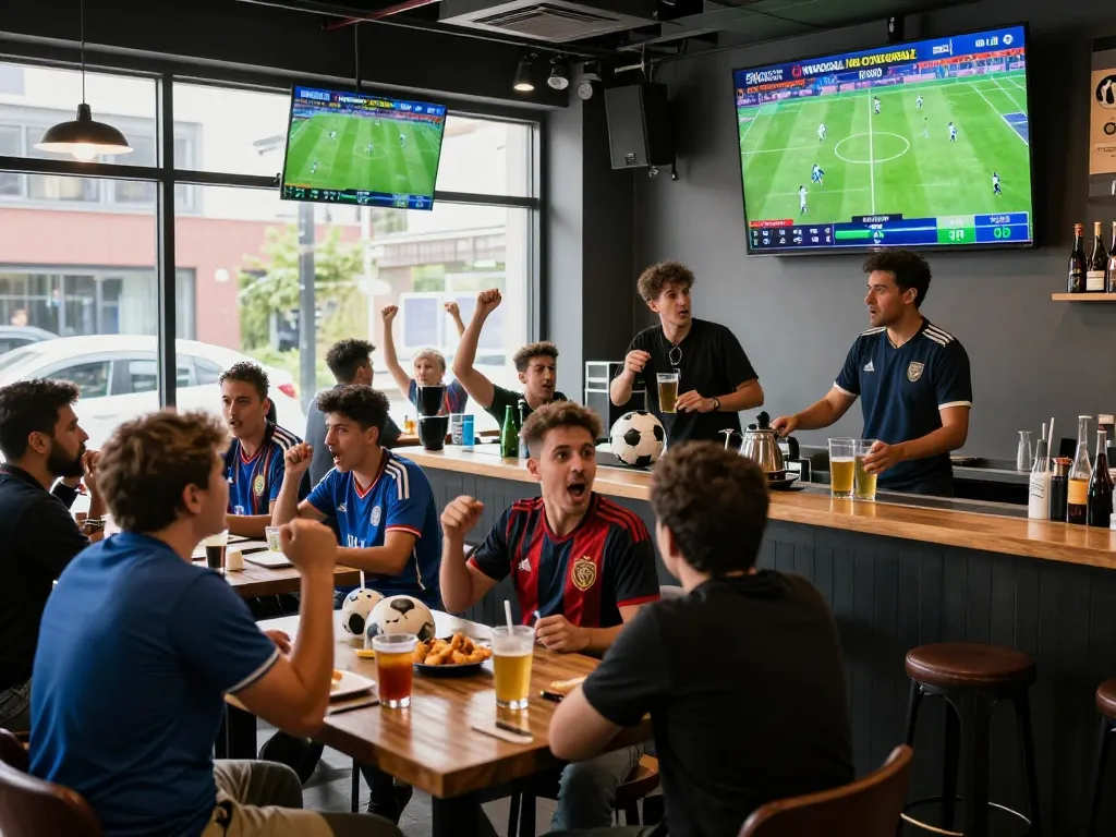 Fans celebrating live football scores on NOWGOAL in a sports bar atmosphere