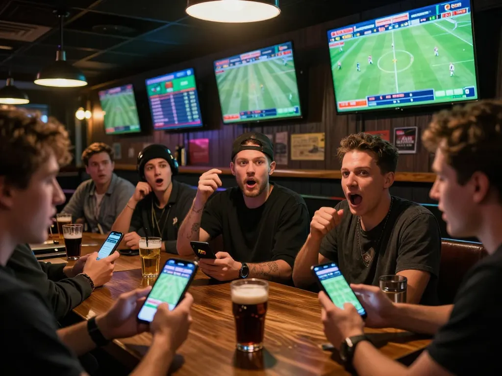Fans engaging with the 7m app while watching live football matches at a sports bar.