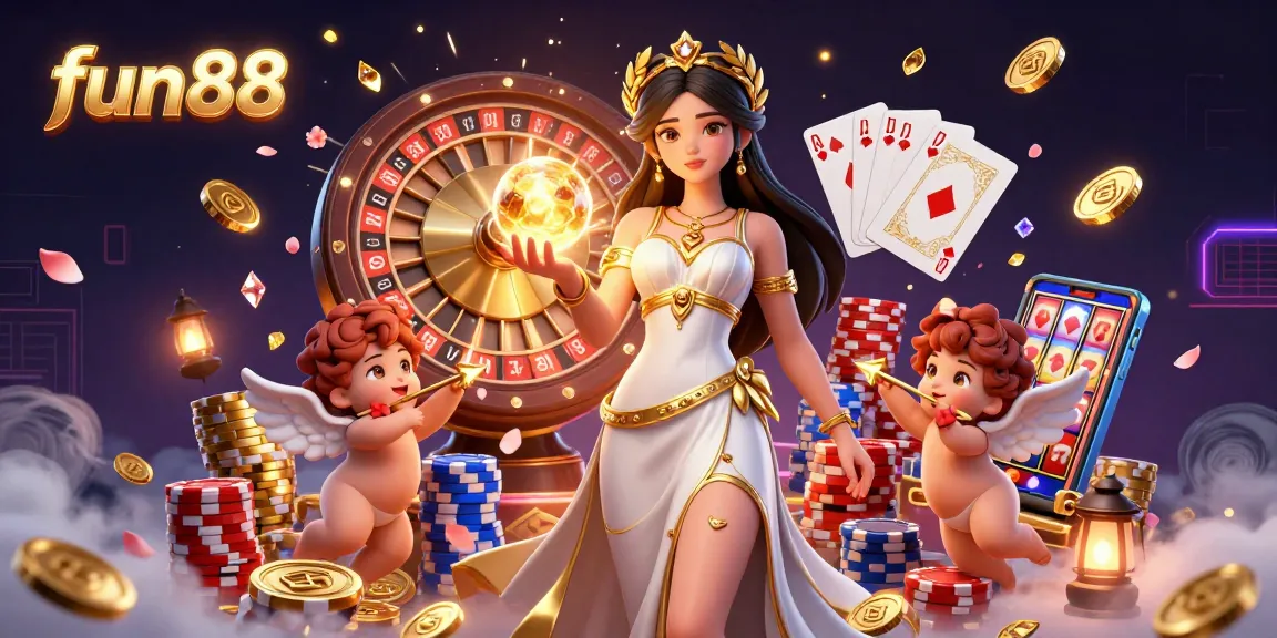 Deposit and enjoy exciting games at fun88, featuring a goddess and cherubs amidst casino elements.
