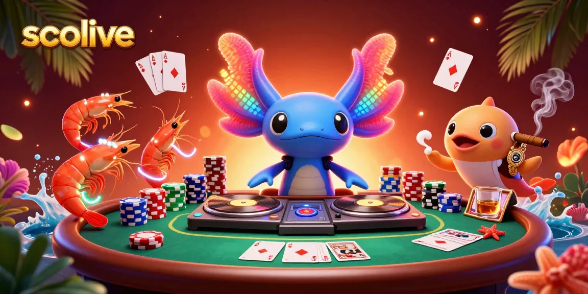 Socolive features a vibrant underwater scene with a DJ axolotl and casino elements showcasing exciting gameplay.