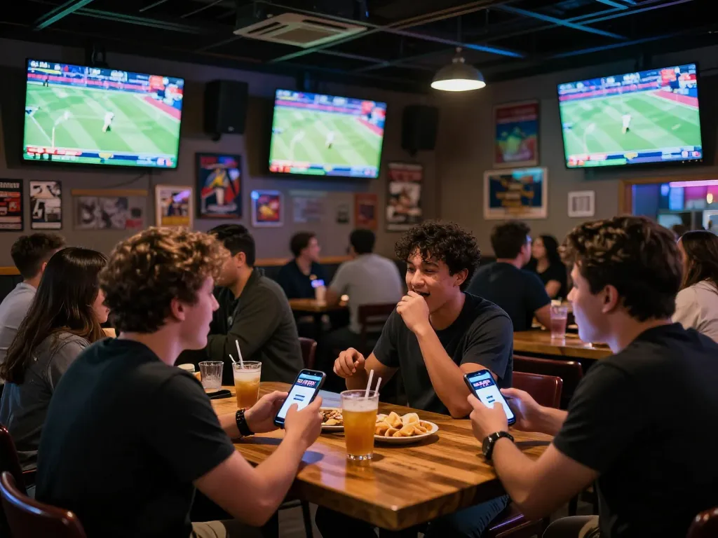 Fans enjoying an energetic sports betting atmosphere at BJ88, cheering and placing bets