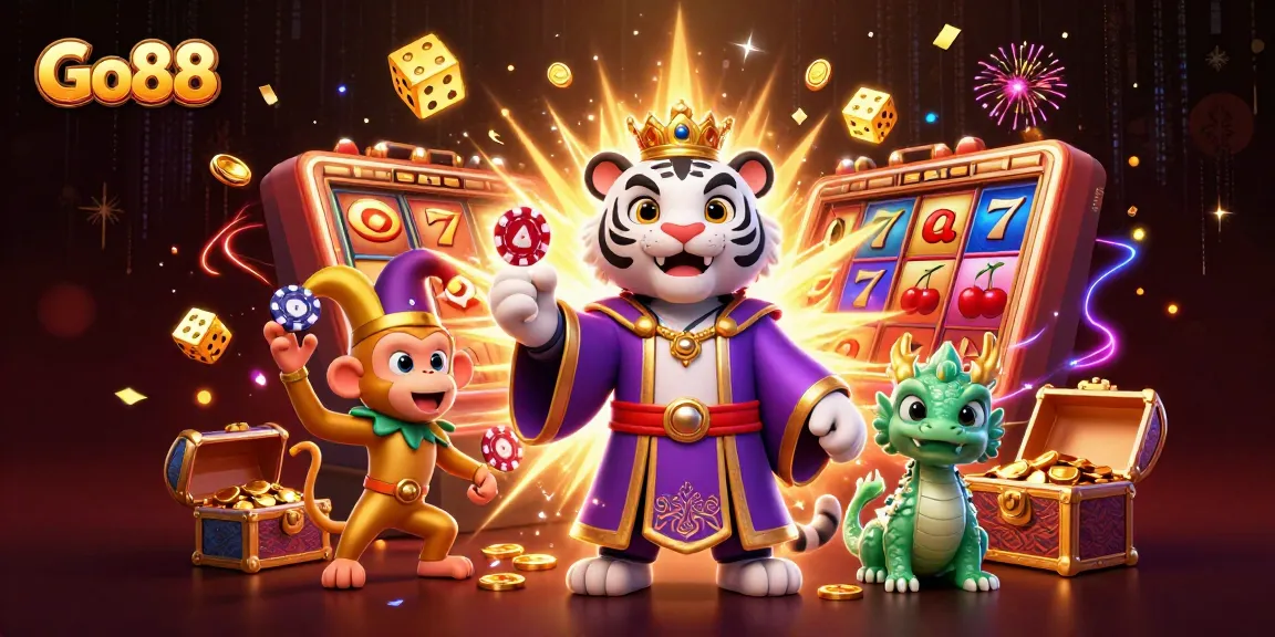 Engage with Go88's vibrant universe as the charming tiger and monkey celebrate casino wins amidst a cascade of jackpots.