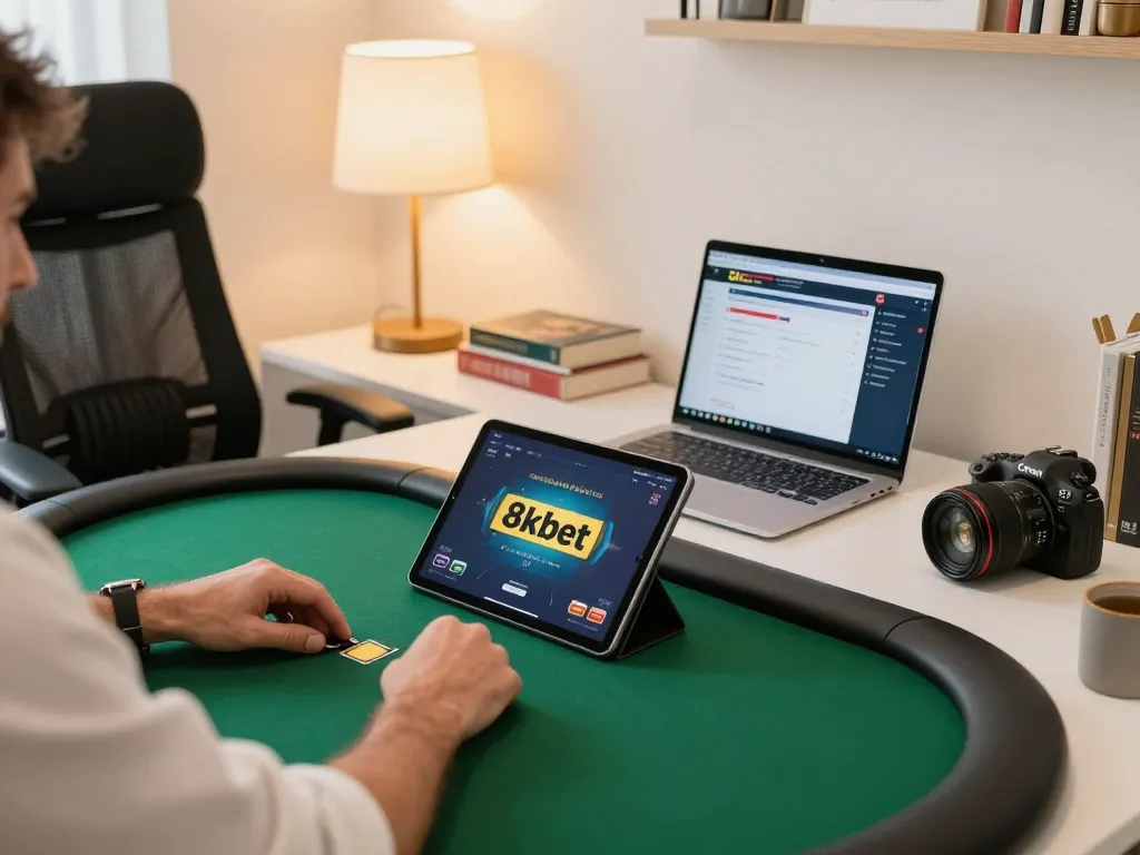 Engaged player strategizing in an online poker game on 8kbet’s platform, showcasing a modern home office
