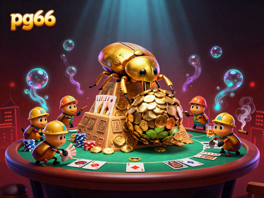 Experience top casino action with pg66, vibrant scene of beetles at a golden coin pyramid with poker elements.