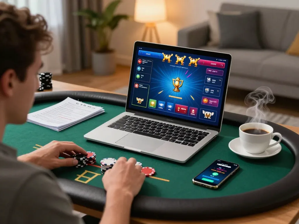 g28 player enjoying poker game on laptop with strategy notes and coffee