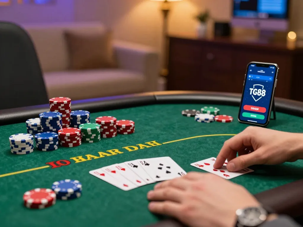 Engaged player using TG88 app on smartphone while enjoying an electronic poker game at home.