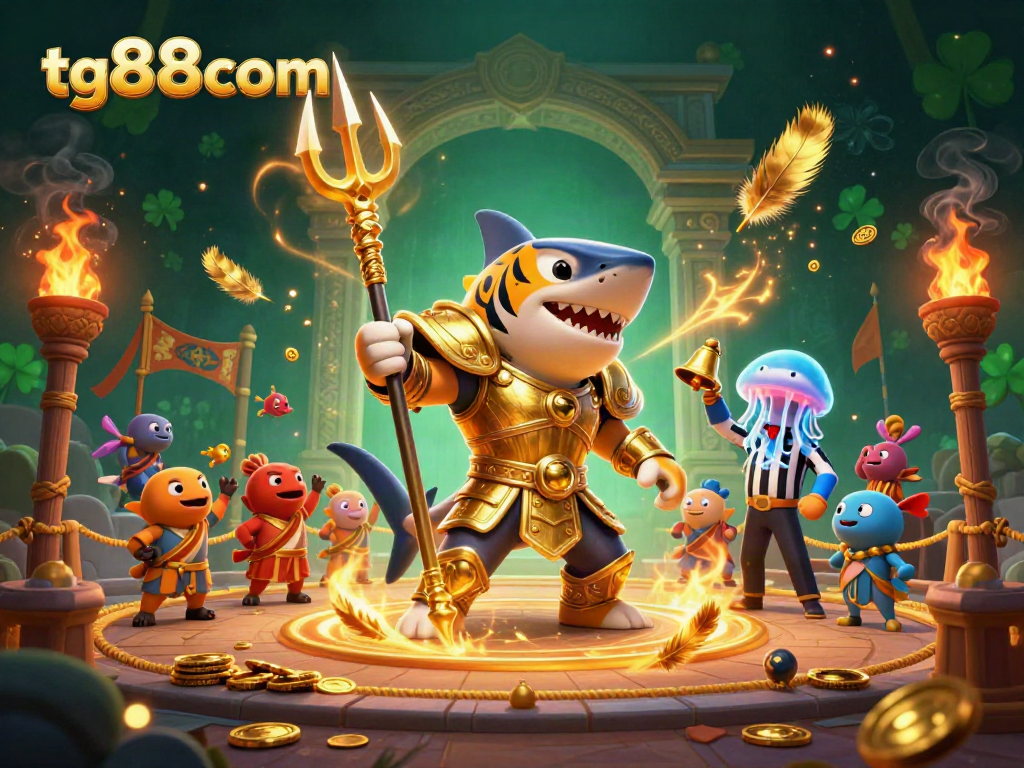 Bet on action at tg88com with a dynamic underwater scene featuring a tiger shark and exciting casino elements.
