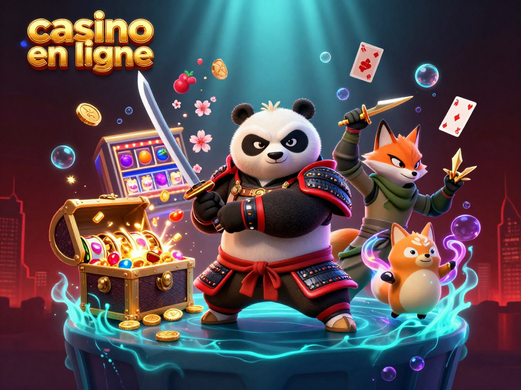 Jouez au casino en ligne avec ce panda samouraï et un renard ninja, entourés de gains en or et de machines à sous.