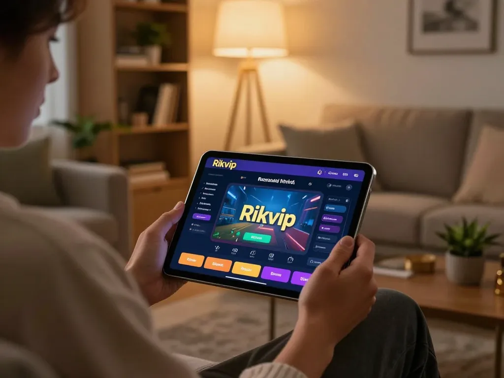 Person enjoying Rikvip online gaming on tablet in cozy home setting with warm lighting.