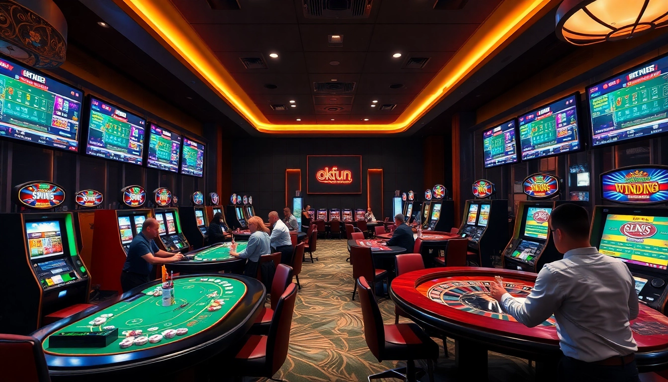 Experience energetic gameplay at okfun casino with vibrant slot machines and poker tables.