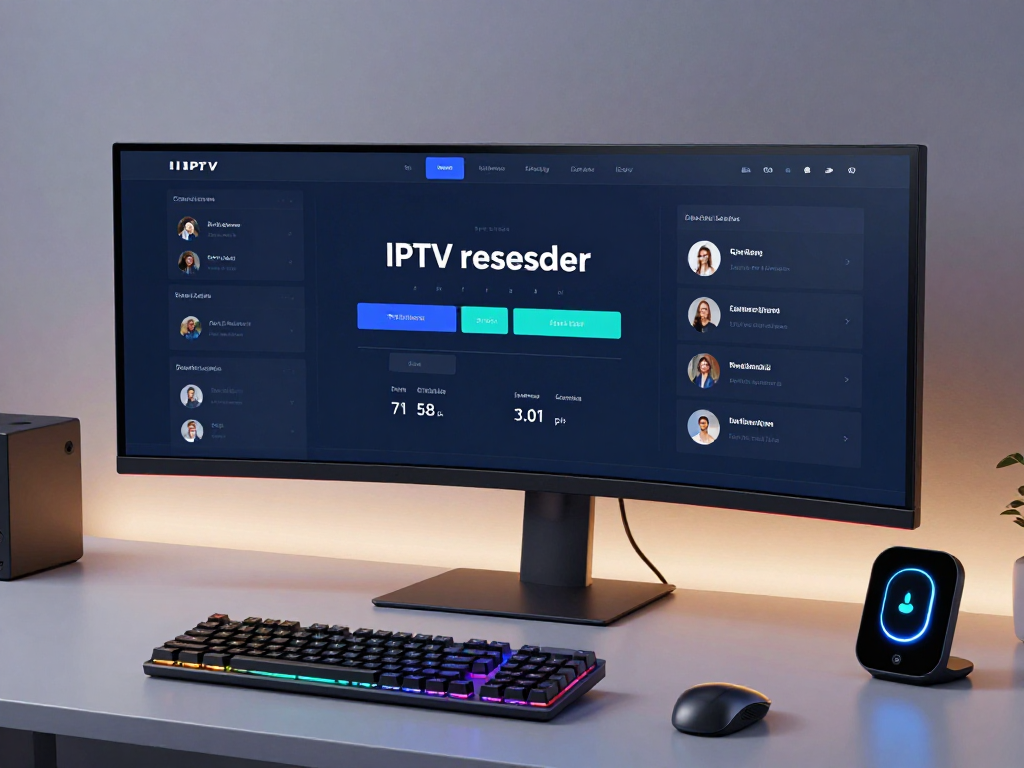 Iptv reseller panel showcased in a modern tech workspace, featuring software development tools and cloud computing analytics.