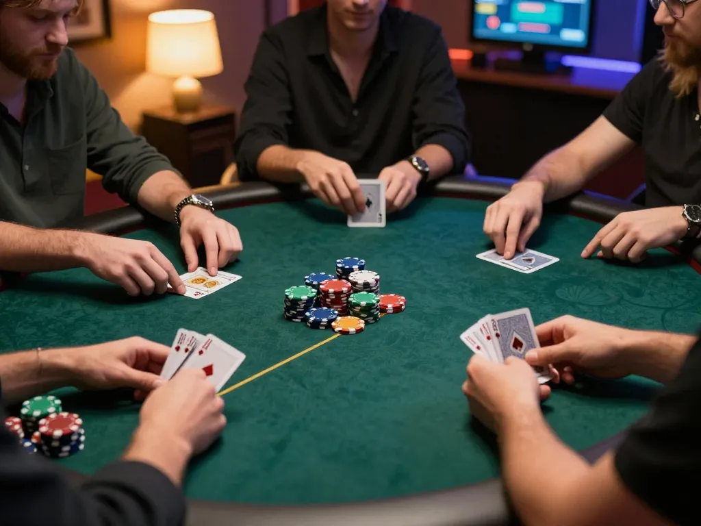Players enjoying poker at fly88 with vibrant chips and premium seating in a warm setting