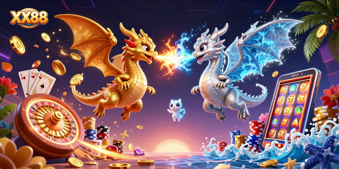 Experience thrilling gaming with XX88, featuring dynamic dragons and vibrant casino elements.
