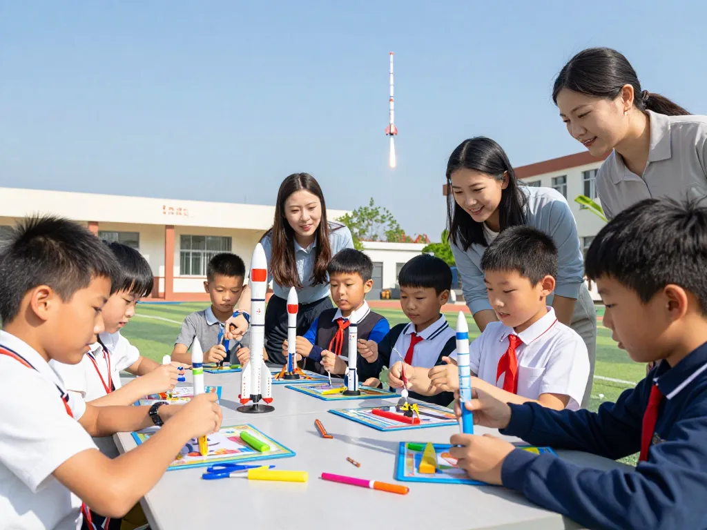 Children assembling model rocket kits during a STEM activity.