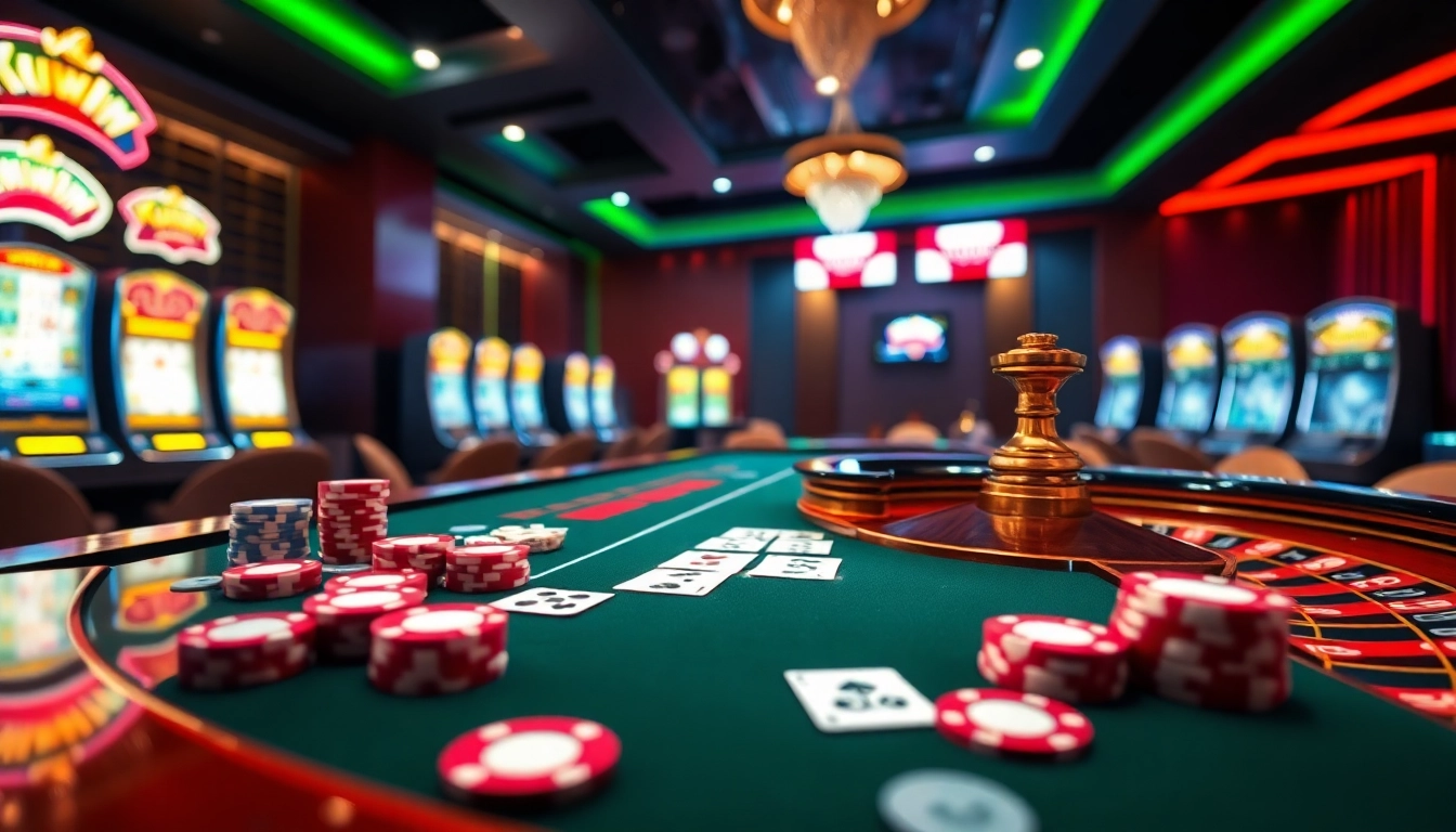 Kuwin online gaming scene featuring vibrant casino elements like roulette, cards, and chips.