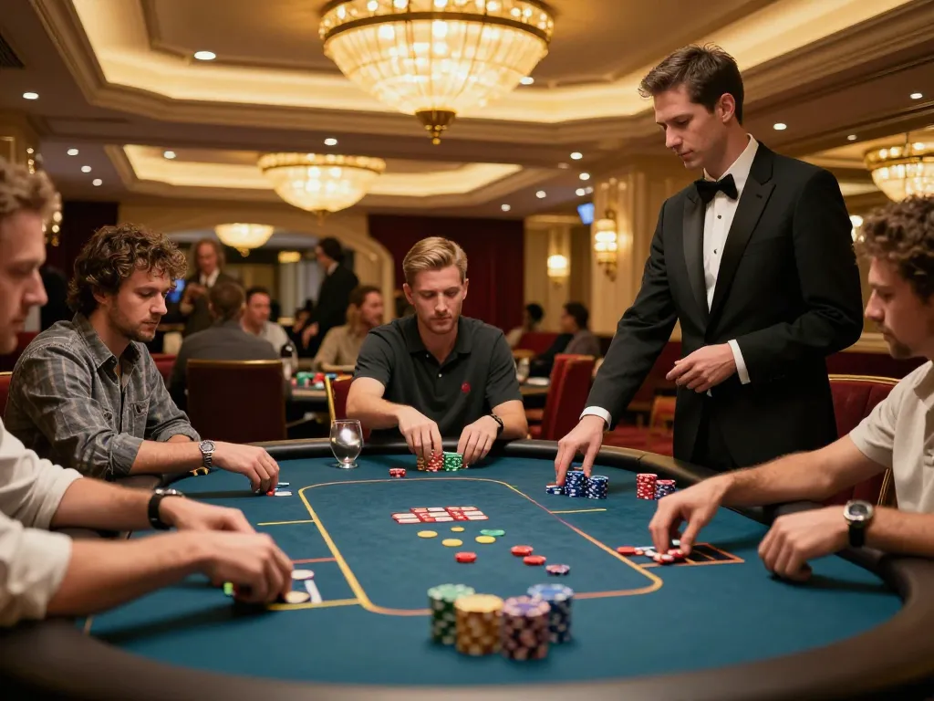 Players engaged in high-stakes poker at an upscale casino, showcasing cm88 com's premium gaming experience.