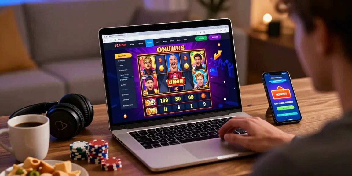 Player exploring new online slot sites on a laptop with engaging graphics and excitement.