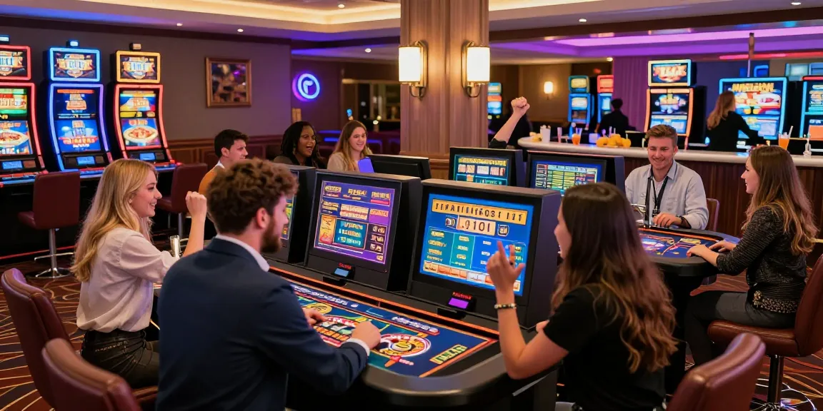 Exciting non UK casinos scene with diverse players celebrating at vibrant gaming stations.