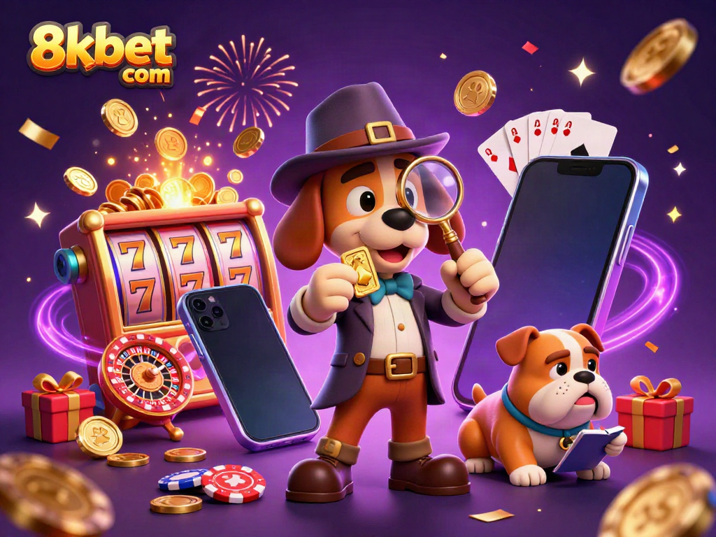 Spin the reels with the fun atmosphere of 8xbet com, featuring a detective and dog in a casino scene
