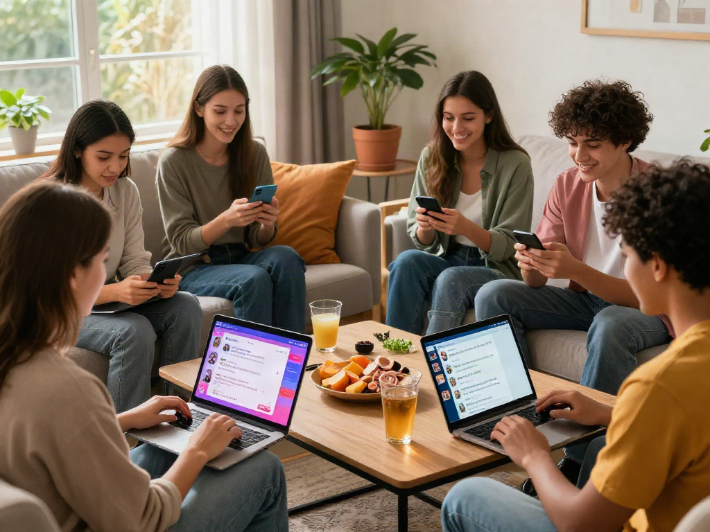 Engaging spicychat conversation with young adults in a cozy living room, showcasing diverse devices and vibrant chat interfaces.
