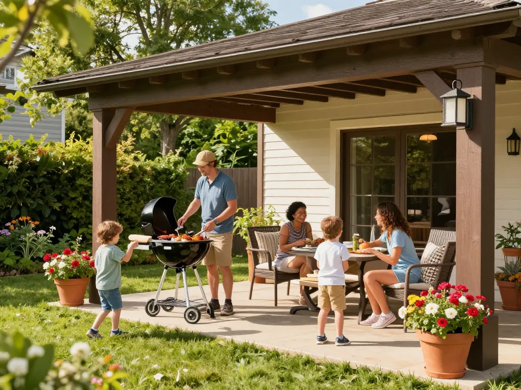 Family enjoying time under a veranda configurator designed outdoor living space with a barbecue.