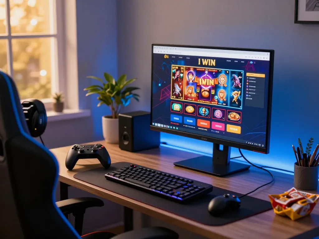 I WIN online casino gaming setup highlights engaging slot games and live dealers on-screen.