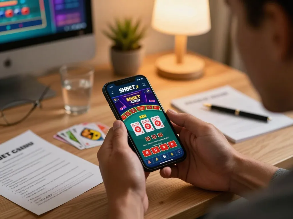 Engaging with the SHBET .COM casino app on a smartphone while analyzing betting strategies at home.
