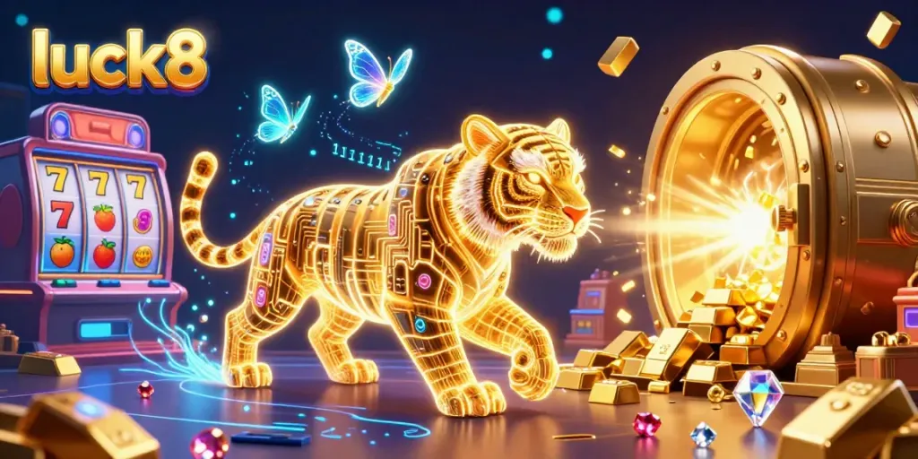 Experience the luck8 jackpot excitement with a glowing tiger in a neon casino landscape.