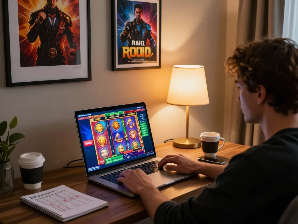 Engaging in bomwin online gaming from a cozy home setting with vibrant game display