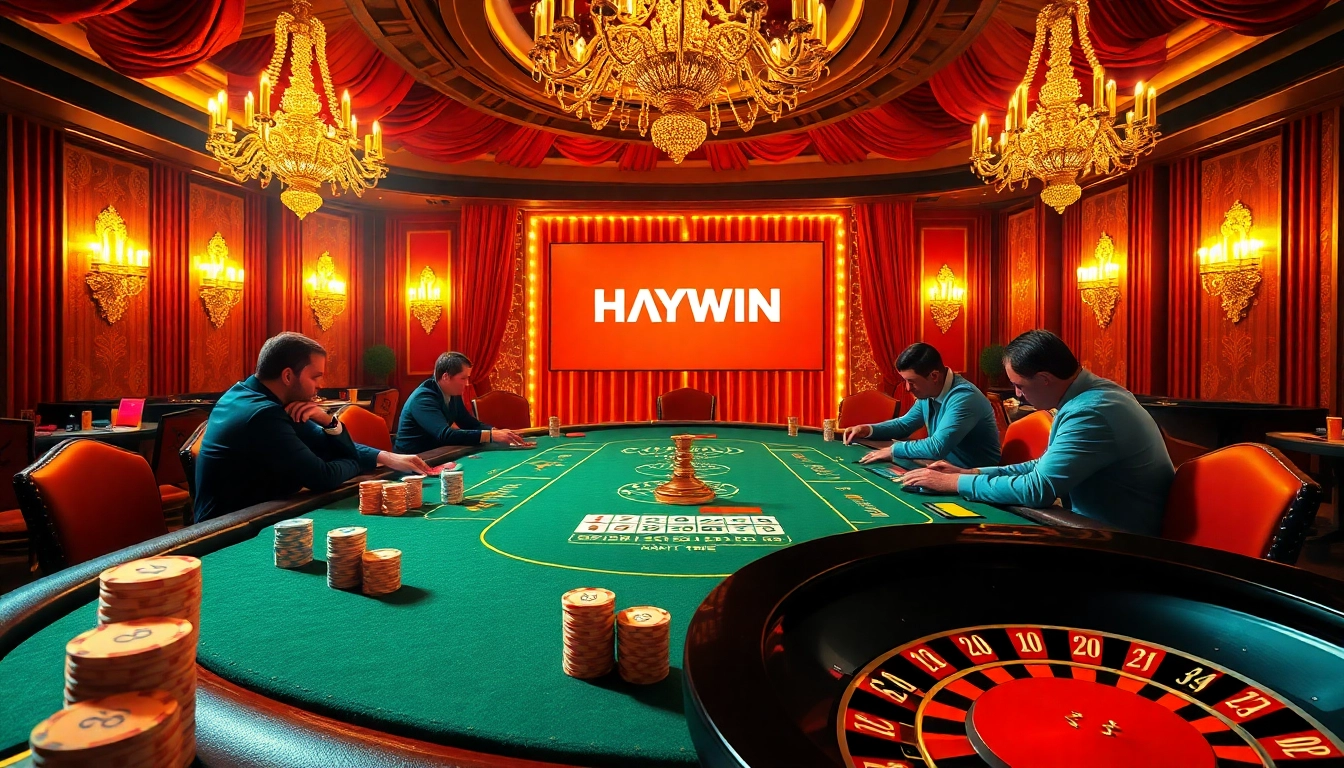 Players strategizing at the HAYWIN poker table amid vibrant casino ambiance.