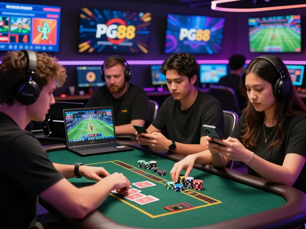 Engaging players on PG88 online gambling platform participating in live casino, esports, and sports betting activities.