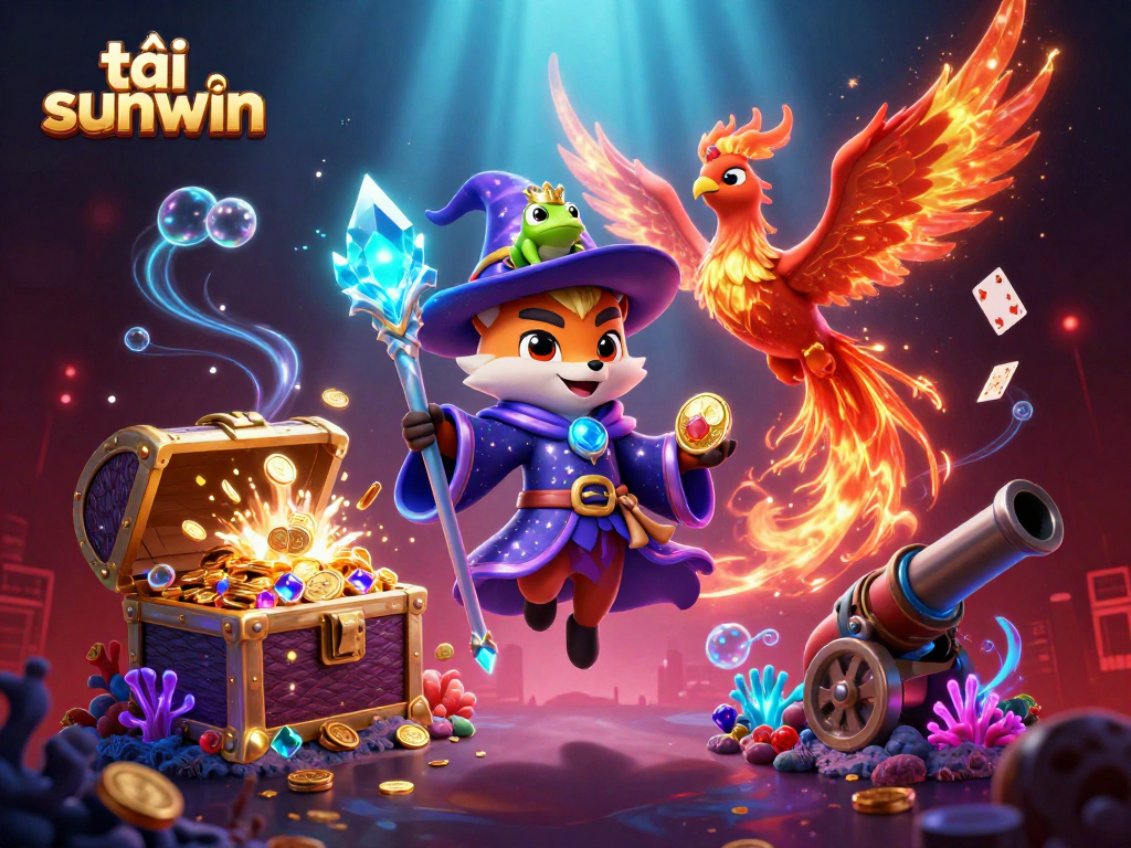 Engage with the exciting tải sunwin experience featuring vibrant casino-themed elements and magical characters.