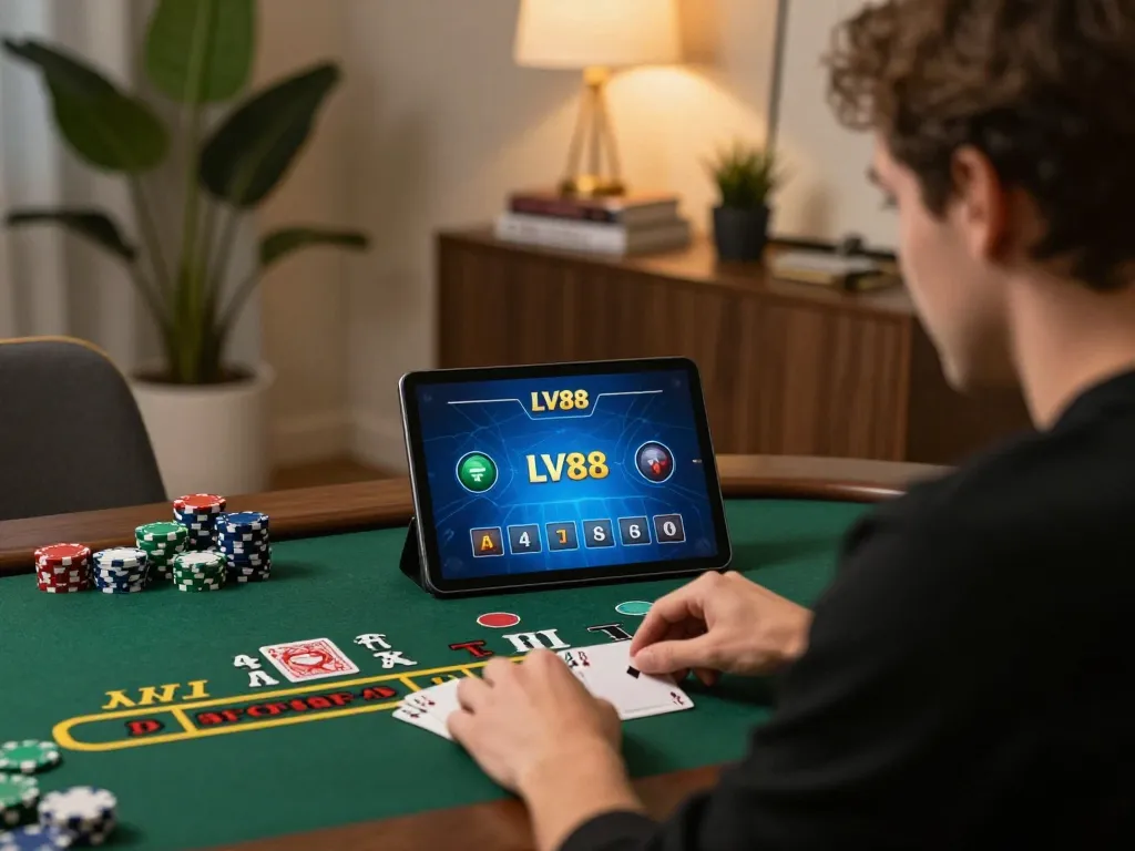 Player engaging in live blackjack on LV88 platform with cozy home decor
