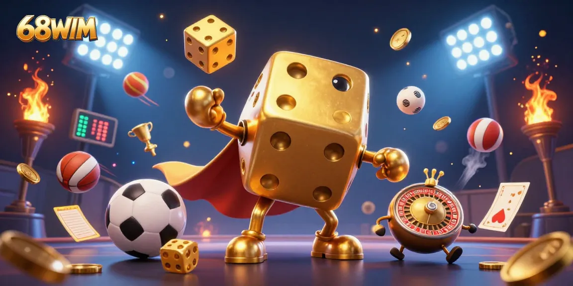 Play exciting games at 68WIM with golden dice and sports elements in a vibrant 3D scene.