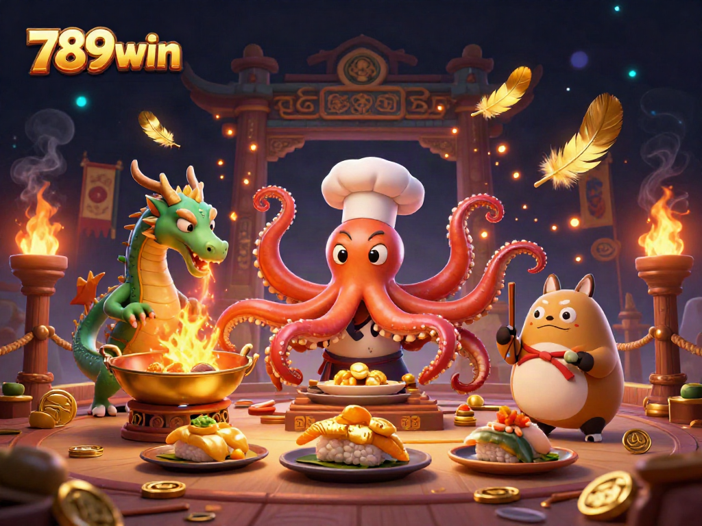 Engage in thrilling gameplay at 789win with a lively scene featuring a culinary octopus and dragon