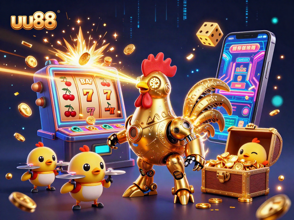 uu88 slots and jackpots visualizing a vibrant casino scene with a golden rooster robot and coins