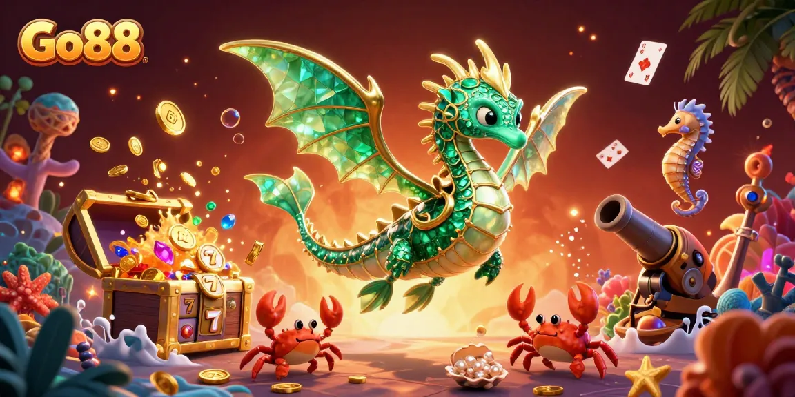 Experience Go88’s vibrant gaming world with animated slot reels and treasure elements.