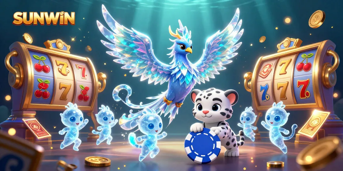 SUNWIN showcases thrilling slot games with 3D characters and sparkling jackpots in an engaging casino illustration