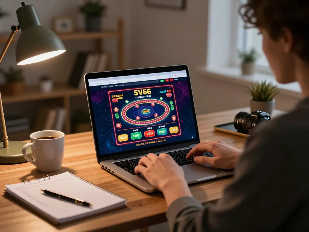 Engaging with SV66 online casino from home, showcasing a player strategizing.